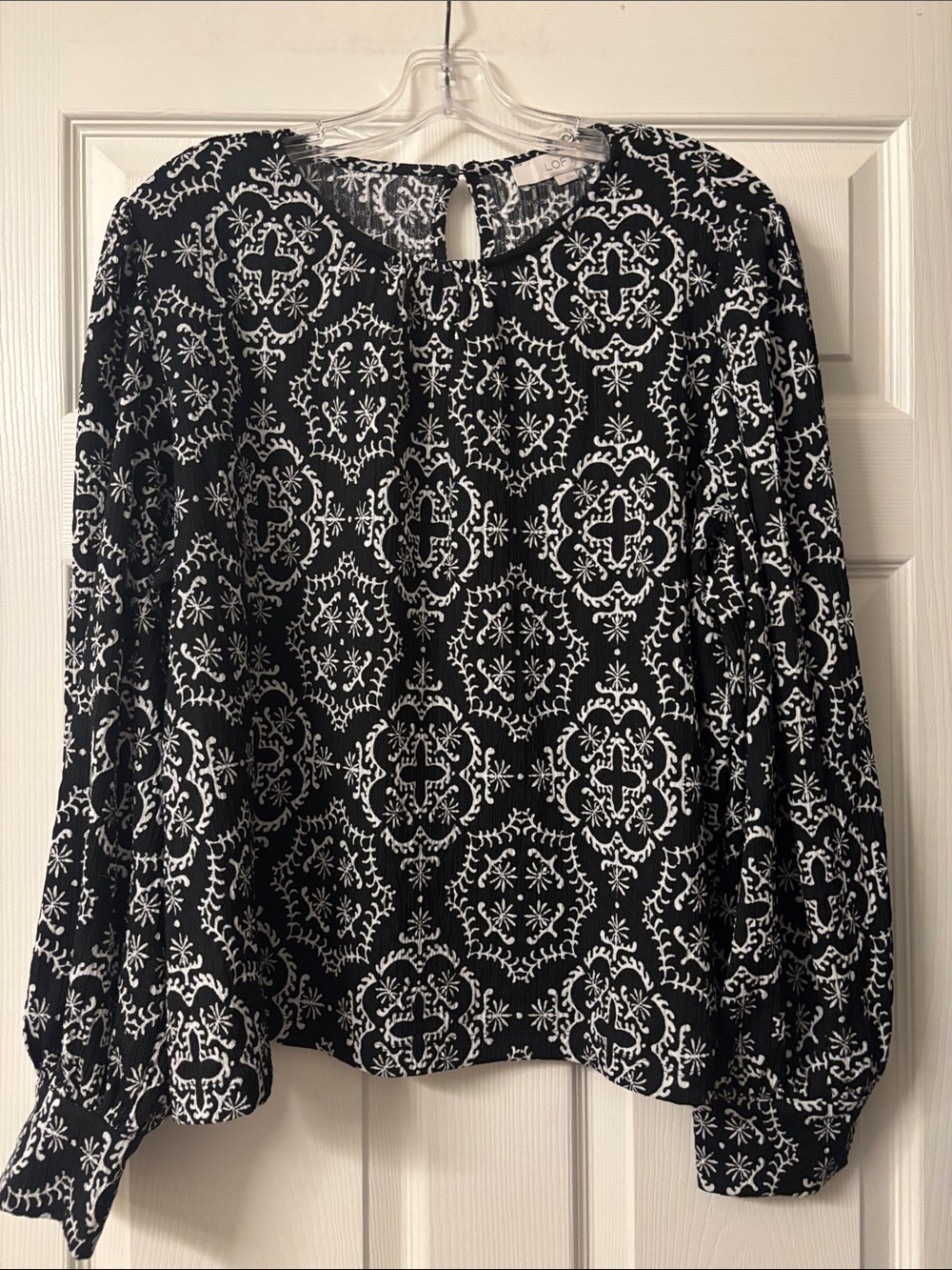 LOFT Black and White Medallion Print Long-Sleeve Blouse